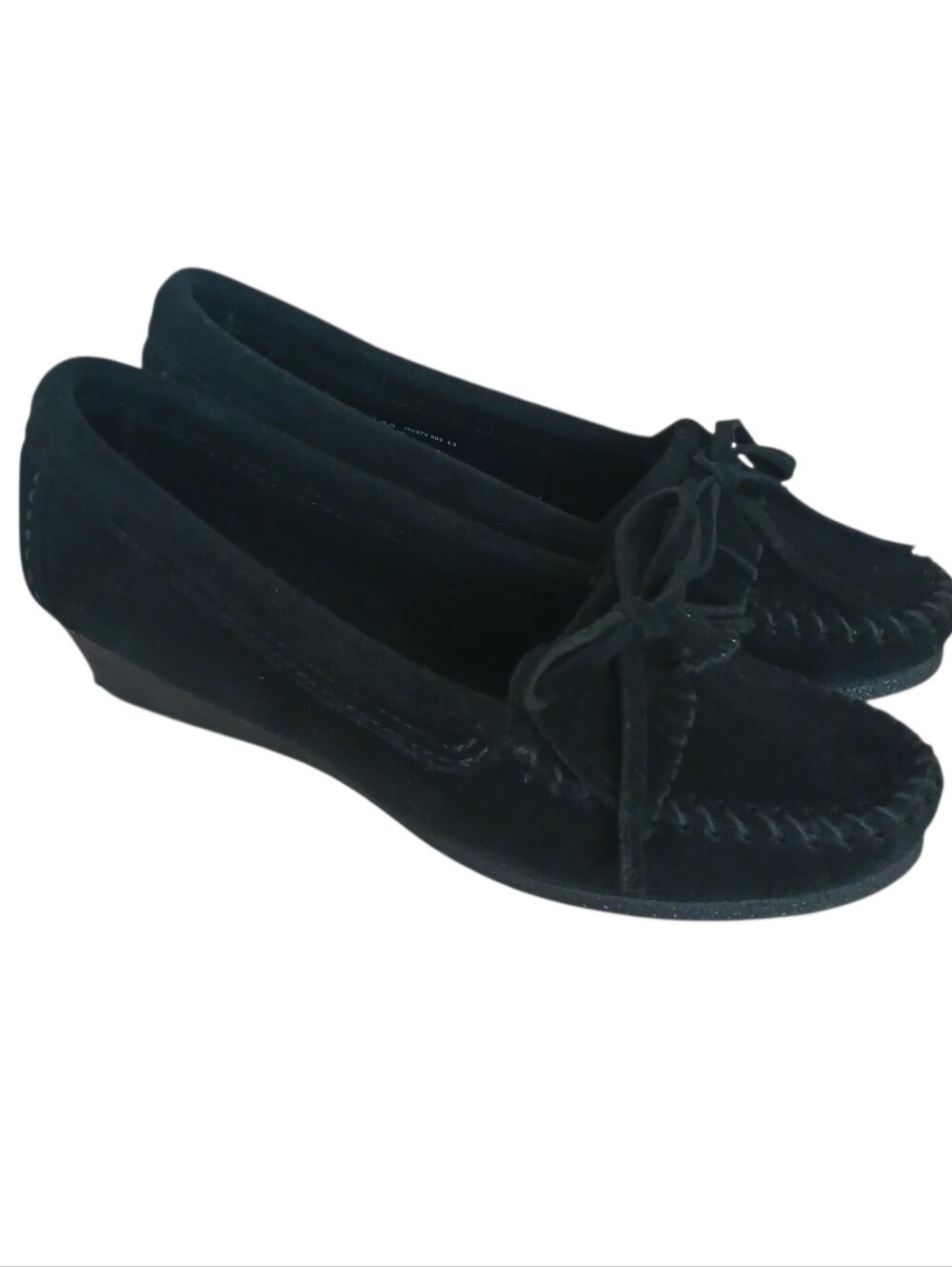 Minnetonka Kilty Suede Wedge Moccasins Women's 8.5 Black Bow Southwestern Comfy